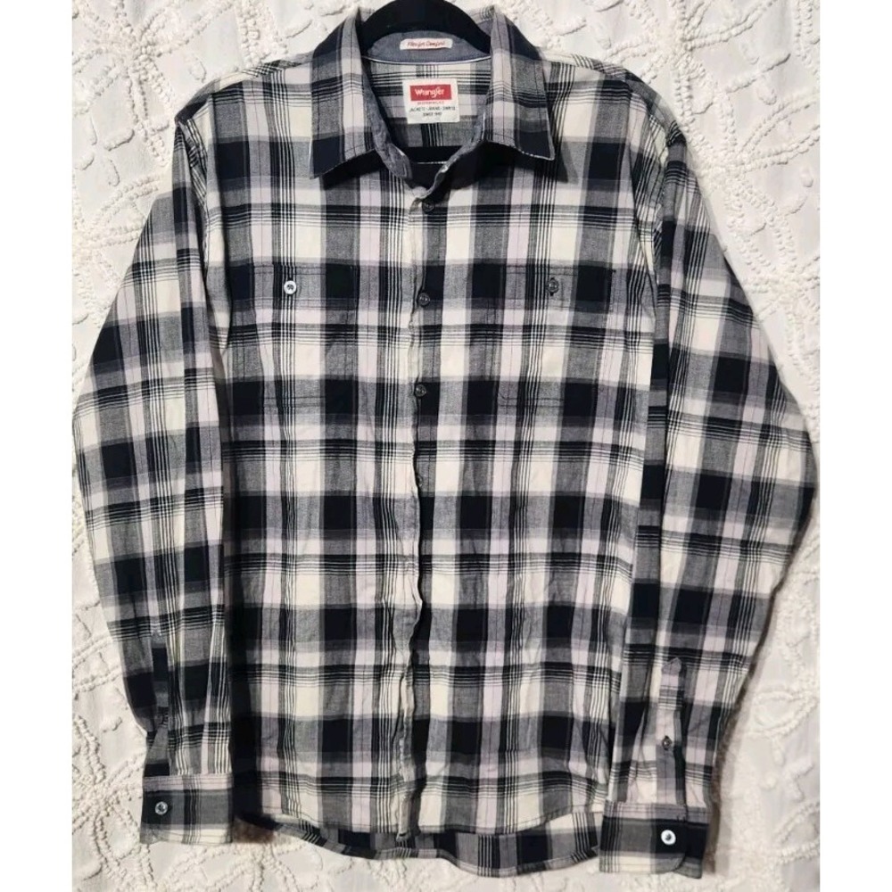 Wrangler Mens Plaid Button Up Shirt Mens L Black White Grey Flex Western‎ Cowboy